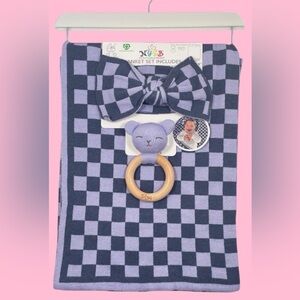 Toby NYGB Not your grandma’s blanket purple check bear rattle headband $50 new
